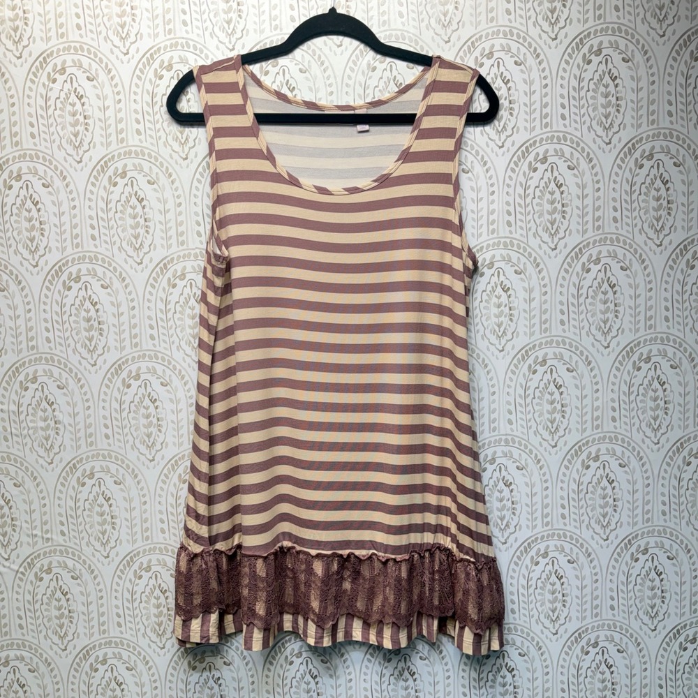 LOGO Layers Tank Top Womens Large Mauve Tan Striped Lace Trim Ruffle Hem Tunic